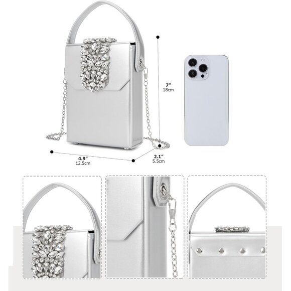 ⚡Women's Evening Rhinestone Box Detachable Chain Strap Silver Crystal Clutch Bag - Picture 3 of 6